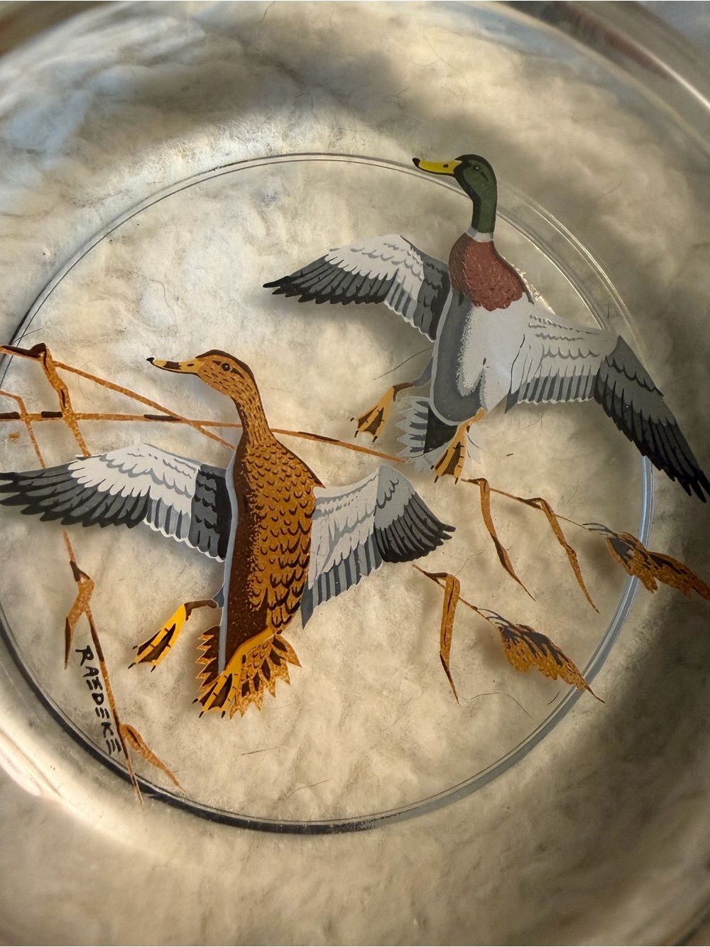 2 Hand-Painted Glass Plate Trinket Trays Flying Mallard Ducks - Brown & Green